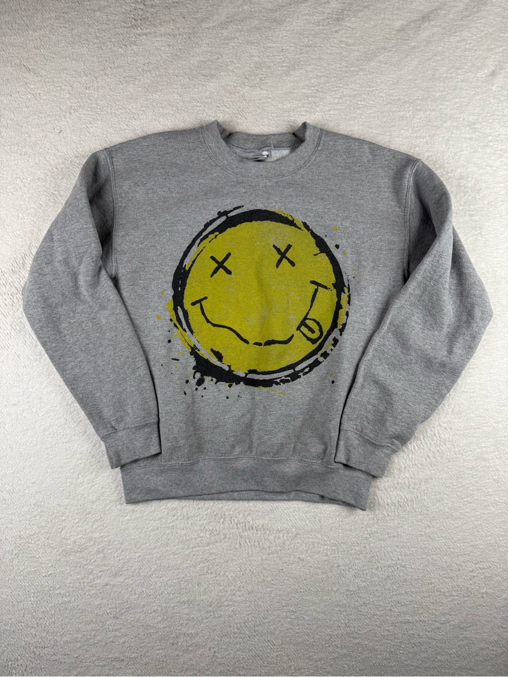 Gray Crewneck Sweatshirt with Yellow Graphic Smiley